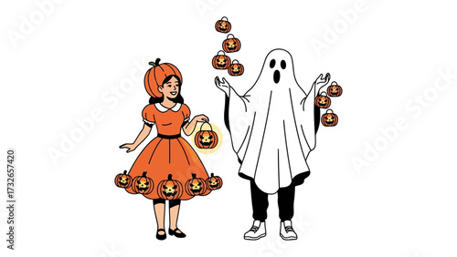 Halloween characters at a party: A festive illustration featuring two Halloween characters, a pumpkin and ghost, standing with candy bags, setting for a party of delight and enjoyment.