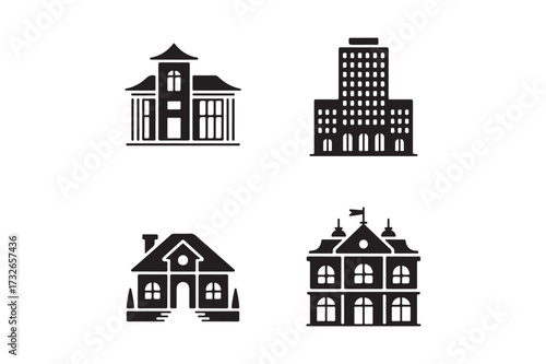 Collection of four distinct architectural building icons