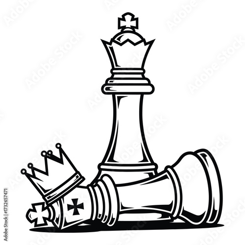 Vector art of chess queen knocking over king in dramatic black and white illustration