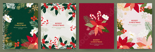 Merry Christmas greeting card Set. Modern beautiful Xmas design with hand drawn Poinsettia flowers, holly berries, fir branches, snowflakes and candy canes. Xmas art banner, poster, cover templates.