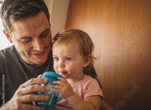 young father helping toddler daughter drink from sippy cup in warm cozy home setting