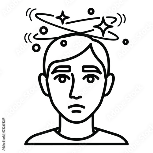 Vector art of confused person with chaotic thoughts and ideas floating above head