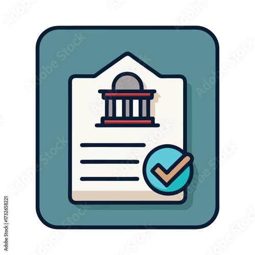 A modern line icon of a business loan document with a bank stamp vector illustration