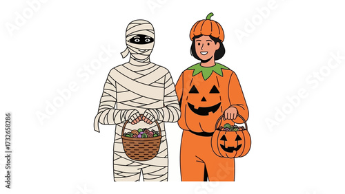 Costume of Halloween: Two figures stand side-by-side, one is dressed as a Mummy, the other wears a Pumpkin costume, both hold baskets filled with treats in a playful scene.