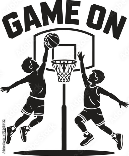 Two young basketball players in silhouette jumping for a slam dunk