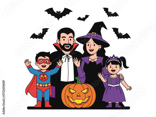 Spooktacular Family Halloween: A creatively illustrated scene of a family dressed in costumes, with a jack-o'-lantern and bats, evoking the joy of Halloween. 