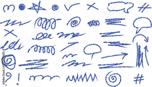 Playful blue sketch elements on white: speech bubbles, arrows, swirls, and doodles for creative projects, educational materials, and unique design accents