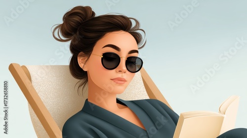 Beach Leisure Braided Hair Girl in Sunglasses Reading Tranquil Shoreline Digital Art Relaxed Setting