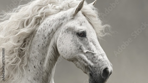 Wallpaper Mural Majestic white horse with flowing mane poses against a soft gray background Torontodigital.ca