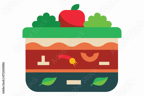 Urban Garden Compost Bin Cutaway with Worms Vector Illustration