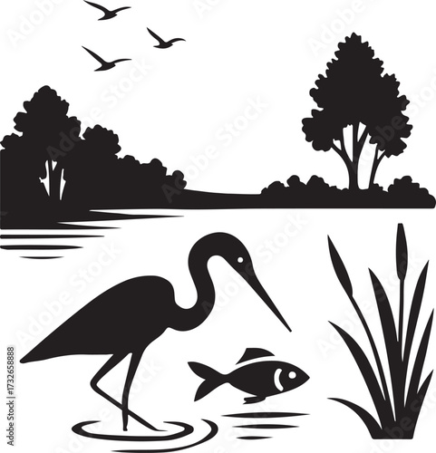 Nature landscape with birds silhouettes. Heron caught a fish on the lake. Vector illustration.