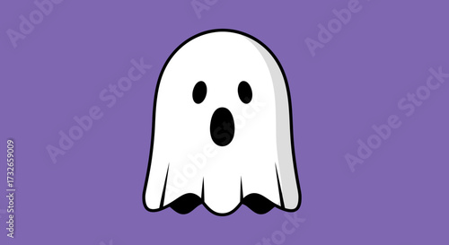 Charming cartoon ghost with surprised expression floats against a vibrant purple background, perfect for Halloween themes.