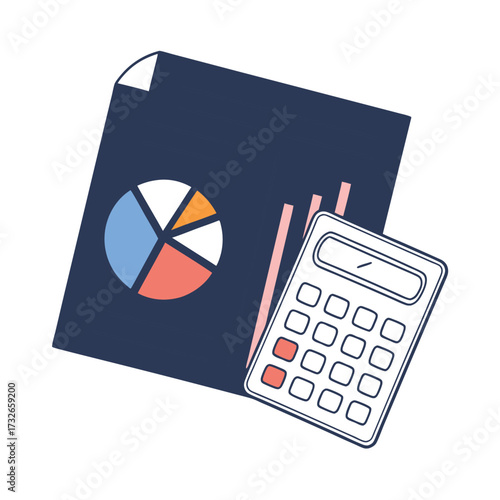 A net worth document with a pie chart and calculator vector illustration