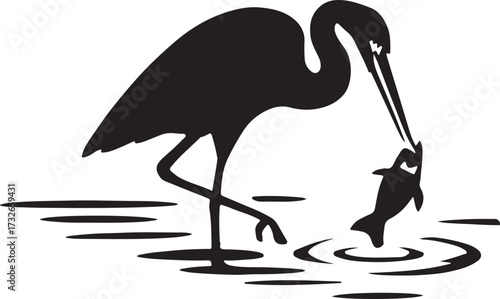 Nature landscape with birds silhouettes. Heron caught a fish on the lake. Vector illustration.