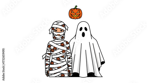 Spooky Ensemble: a friendly mummy and a spectral ghost standing side-by-side beneath a jack-o'-lantern, capturing the essence of Halloween joy.