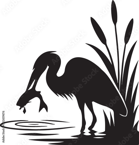 Nature landscape with birds silhouettes. Heron caught a fish on the lake. Vector illustration.