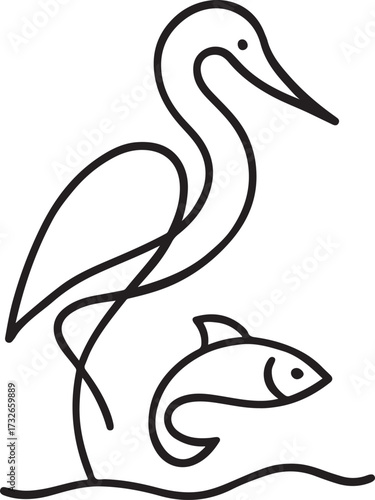 Nature landscape with birds silhouettes. Heron caught a fish on the lake. Vector illustration.
