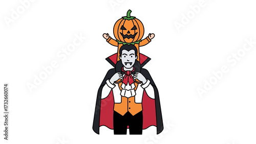 Spooky Embrace: An illustration of a friendly vampire and jack-o'-lantern designed for a family friendly halloween themed celebration.