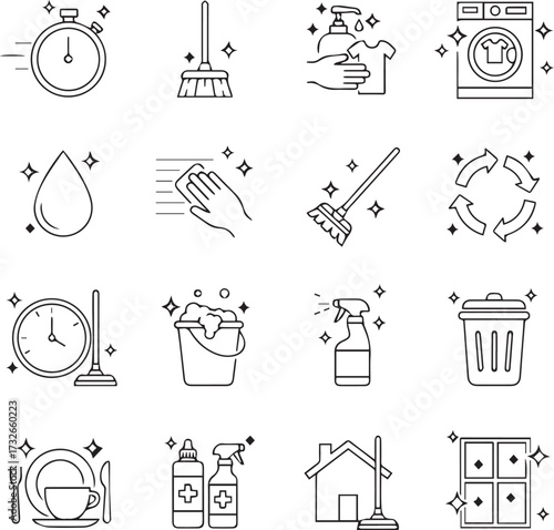 Cleaning Related Vector Line Icons. Contains such Icons as spray, dust, clean surface, sponge and more.
