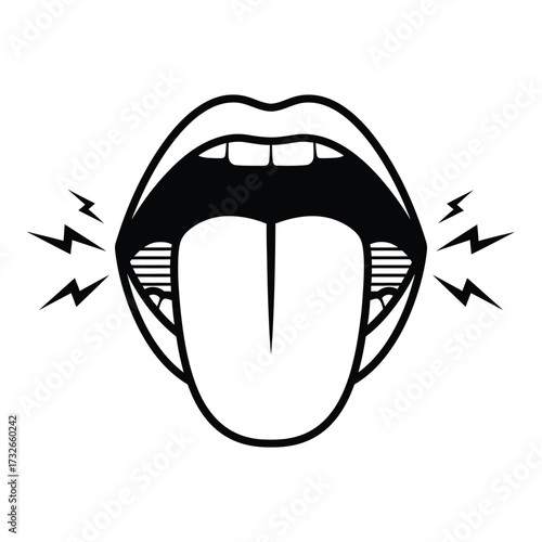 Vector art of electric shock illustration with open mouth and lightning bolts