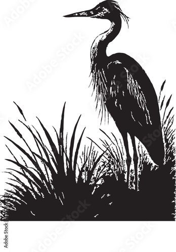 Nature landscape with birds silhouettes. Heron caught a fish on the lake. Vector illustration.