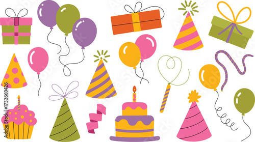 Celebrate joyous occasions with vibrant balloons, delightful cakes, and festive party hats for unforgettable moments of happiness and cheer