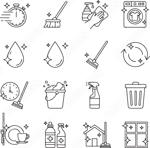 Laundry and home cleaning icon set. Linear and silhouette style.
