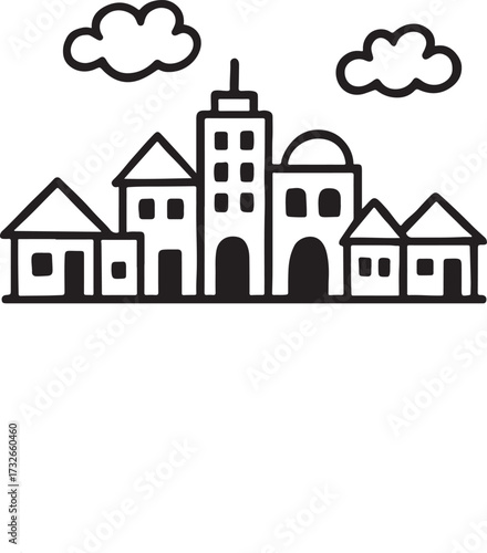 Cityscape Buildings Black and White Icon with Long Shadow