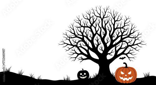 Spooky Halloween scene with a gnarled bare tree, grinning jack o'lanterns, and a flying bat against a clean white background, perfect for festive designs.