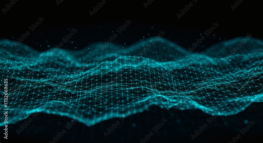 Fototapeta premium Abstract blue digital wave of connected dots and lines representing data flow and network connections on a dark background.