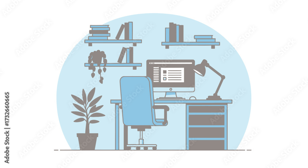 Fototapeta premium Modern home office setup with computer, chair, and desk organization for productive work