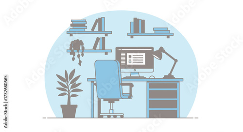Modern home office setup with computer, chair, and desk organization for productive work