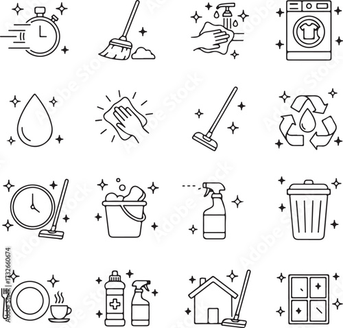 House cleaning icon set. Containing washing, broom, soap, maid, laundry, home cleaning, sponge, vacuum cleaner, mop and more.
