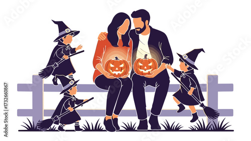 Spooky Halloween Family Silhouette: A loving family, adorned in the spirit of Halloween, is silhouetted against a gentle glow, with each member embracing the festive mood and creativity.