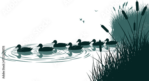 Stylized ducks swimming in tranquil water, peaceful nature scene with flying birds, green monochrome wildlife landscape, calm wetland habitat view
