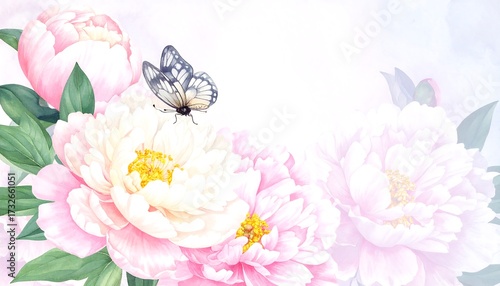 Fototapeta Naklejka Na Ścianę i Meble -  Delicate peonies and butterfly