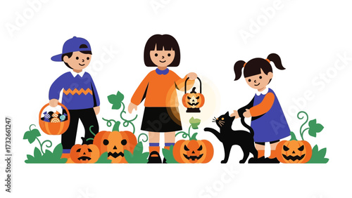 Halloween Kids: A delightful Halloween illustration featuring three children with playful jack-o'-lanterns, a black cat, and festive costumes against a spirited backdrop of the fall holiday.