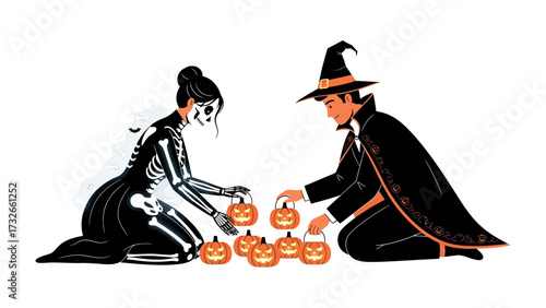 Halloween Harvest: An illustrated scene depicts costumed figures meticulously arranging jack-o'-lanterns, epitomizing the festive essence of a traditional Halloween celebration.