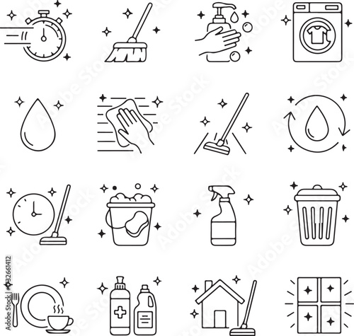 House Cleaning icon set. Housekeeping related line icons: washing, vacuum cleaner, detergent, cleaning
