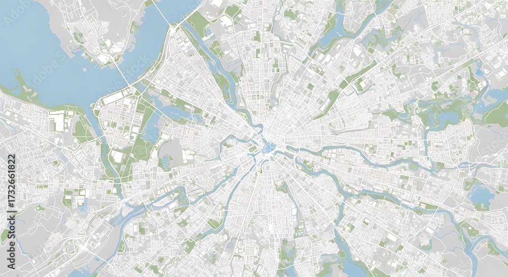 Obraz premium Aerial view of a city map with waterways and green spaces, showcasing urban planning and infrastructure from above world tourism day background