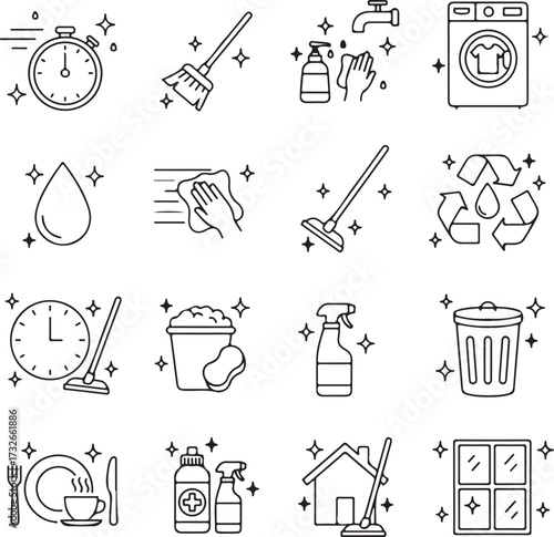 Kitchen Cleaning Icons. Outline icon set of kitchen
