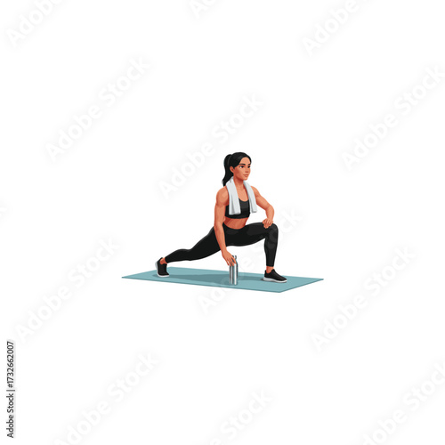 3D vector illustration, person stretching after workout with towel and water bottle, fitness recovery lifestyle
