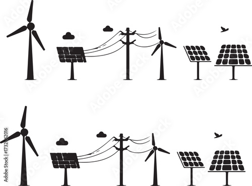 Continuous line art drawing of electricity wind turbines power. Turbines wind generator with solar panel in one line drawing illustration.
