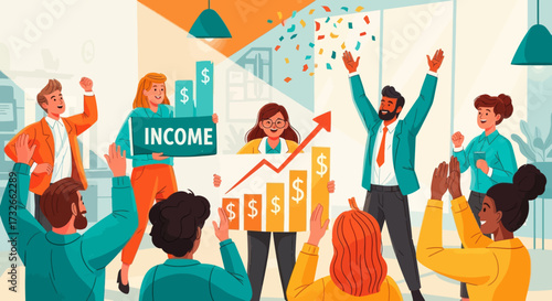 Dynamic team celebrates income growth and financial success in a modern office setting with confetti falling