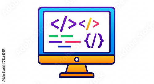 Colorful computer monitor displaying code symbols, , representing software development and programming concepts