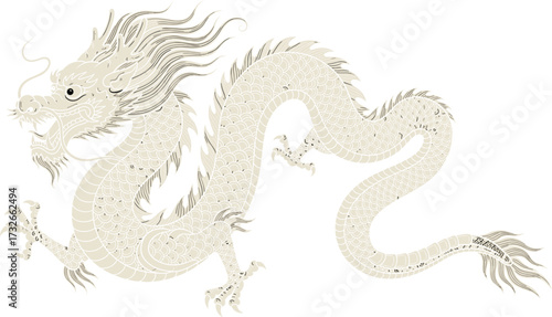 Traditional Chinese dragon illustration, beige serpentine design with flowing whiskers and claws, elegant cultural artwork, fantasy creature vector, muted color palette