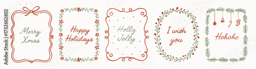 Vintage Christmas frames and borders with holiday quotes, holiday wreaths, bows, mistletoe and garlands, minimalist hand drawn line art for festive poster, card, invitation or seasonal decoration