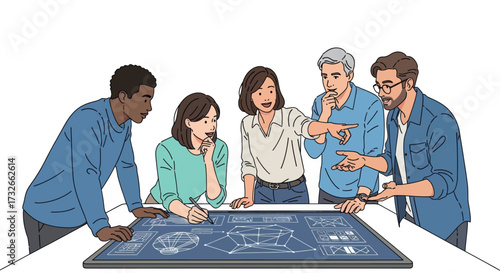 Diverse team collaborating on innovative design project around a digital blueprint table