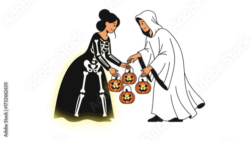 Halloween Exchange: A spooky exchange between two figures. One in skeleton costume and other in a ghost costume and both offering lantern.