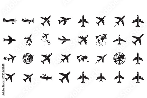 Variety of airplane and aviationrelated icons, isolated on transparent background world tourism day design
